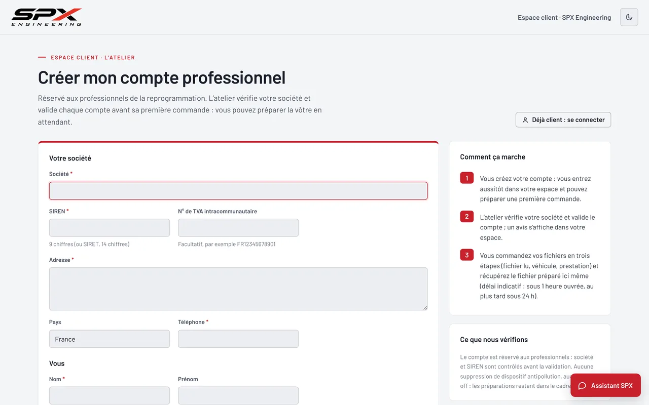 Écran « Créer son compte professionnel » du logiciel SPX Engineering, sur ordinateur.