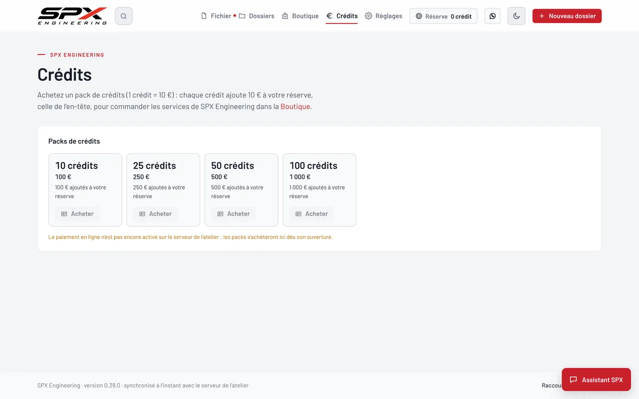 Écran « Les packs de crédits » du logiciel SPX Engineering, sur ordinateur.