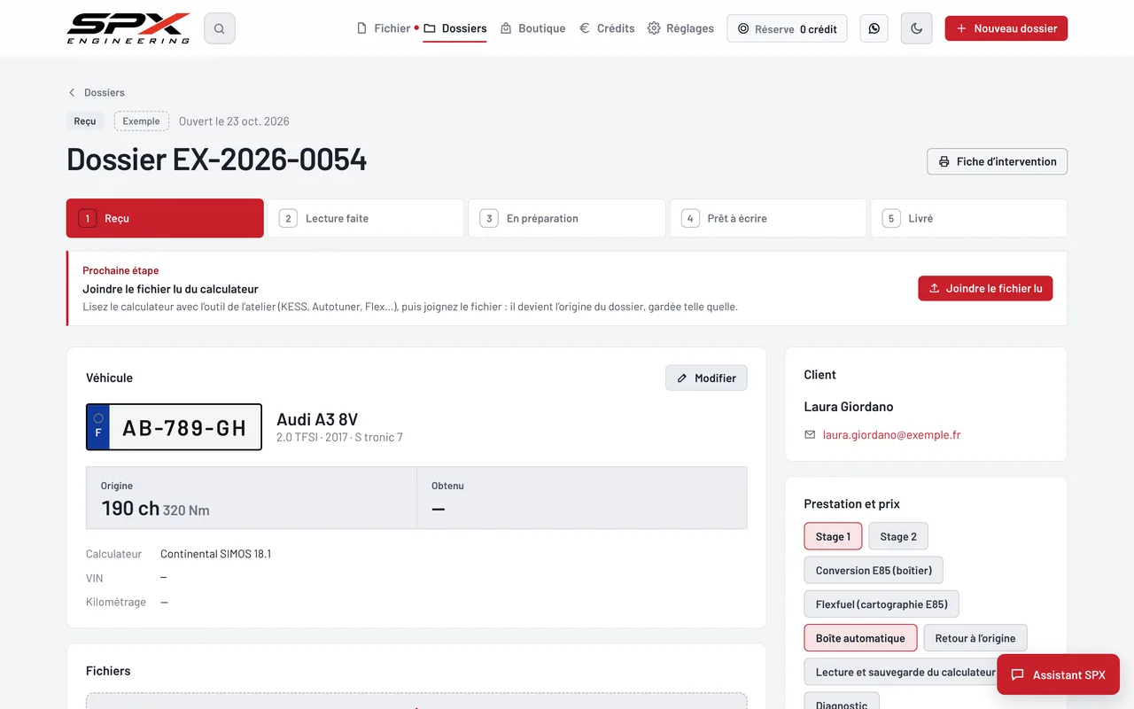 Écran « Un dossier » du logiciel SPX Engineering, sur ordinateur.