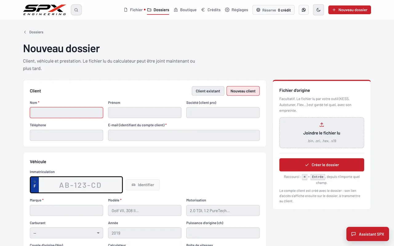 Écran « Nouveau dossier » du logiciel SPX Engineering, sur ordinateur.