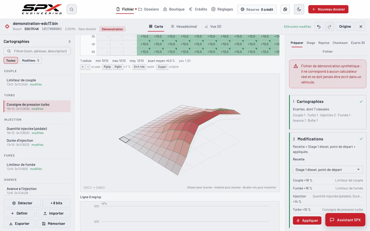 Écran « La surface en trois dimensions » du logiciel SPX Engineering, sur ordinateur.
