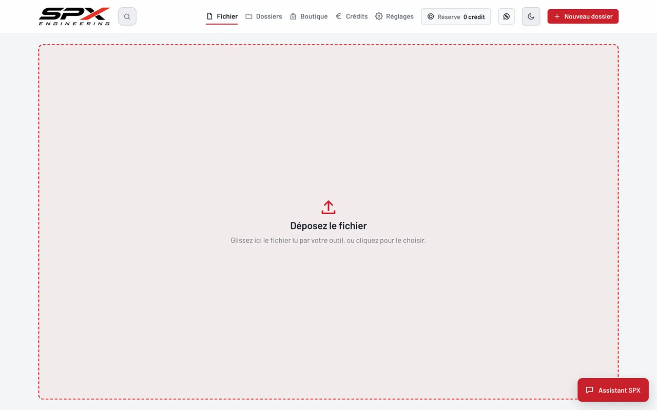 Écran « Déposez le fichier » du logiciel SPX Engineering, sur ordinateur.