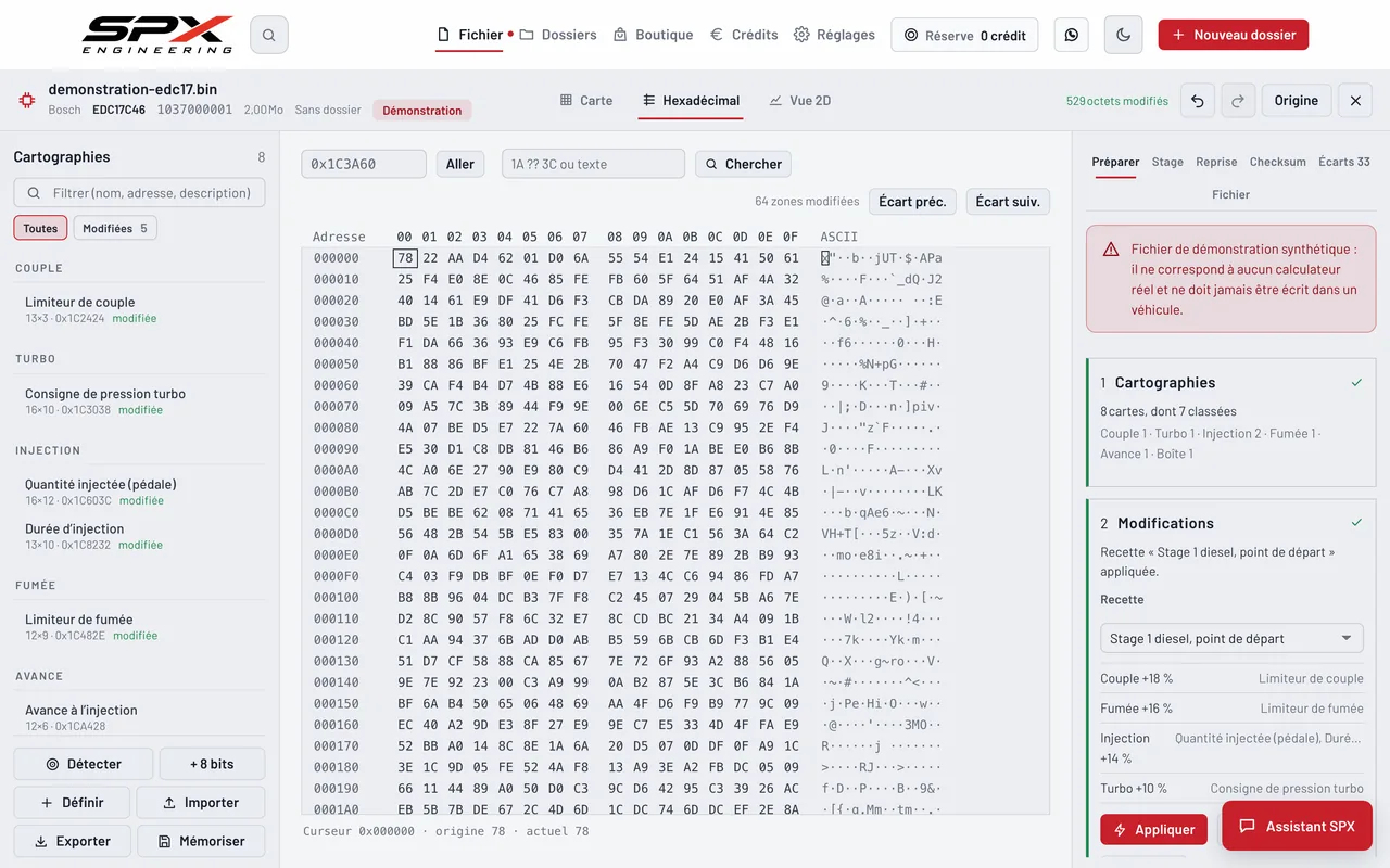 Écran « Hexadécimal » du logiciel SPX Engineering, sur ordinateur.