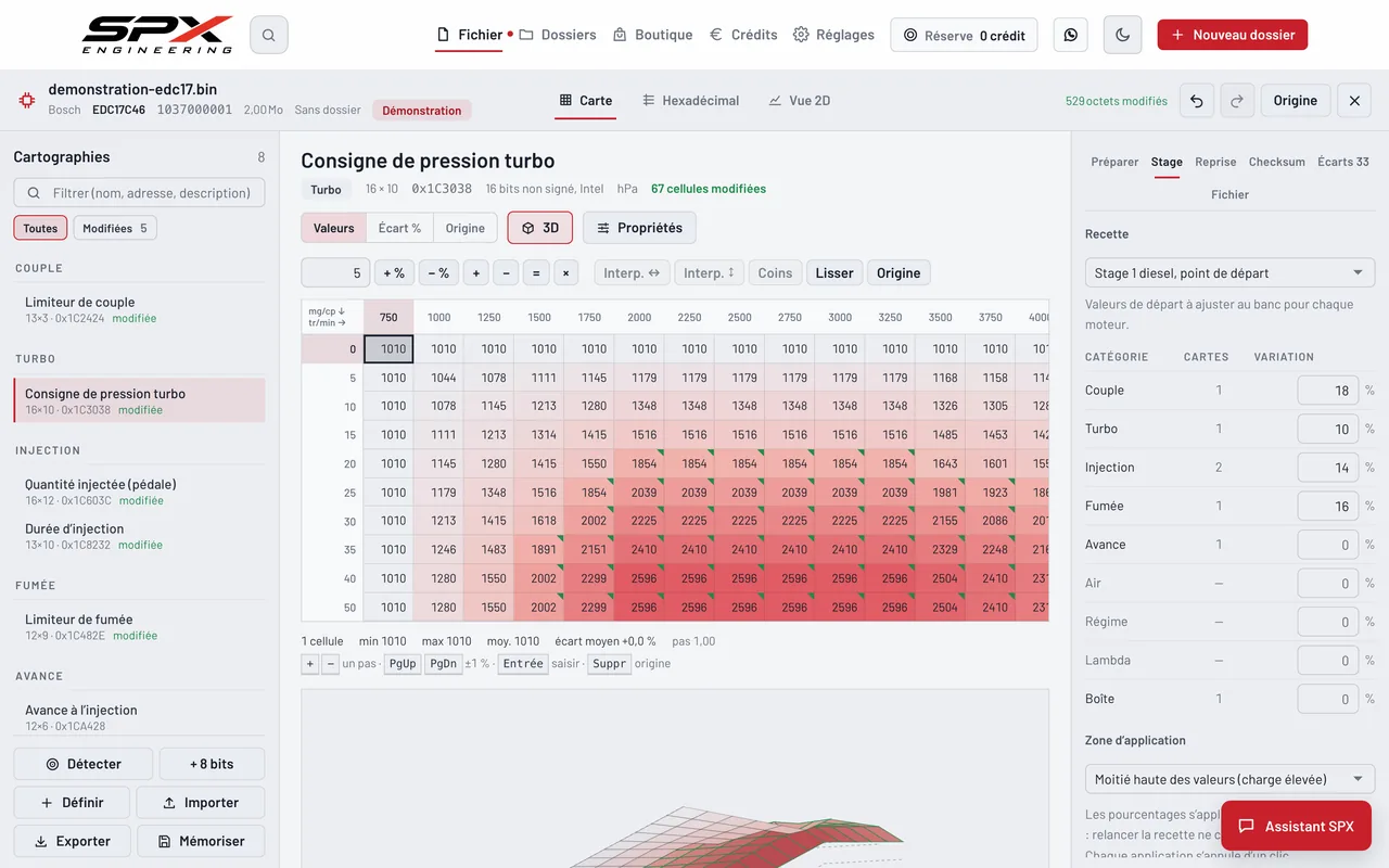 Écran « Les recettes Stage » du logiciel SPX Engineering, sur ordinateur.