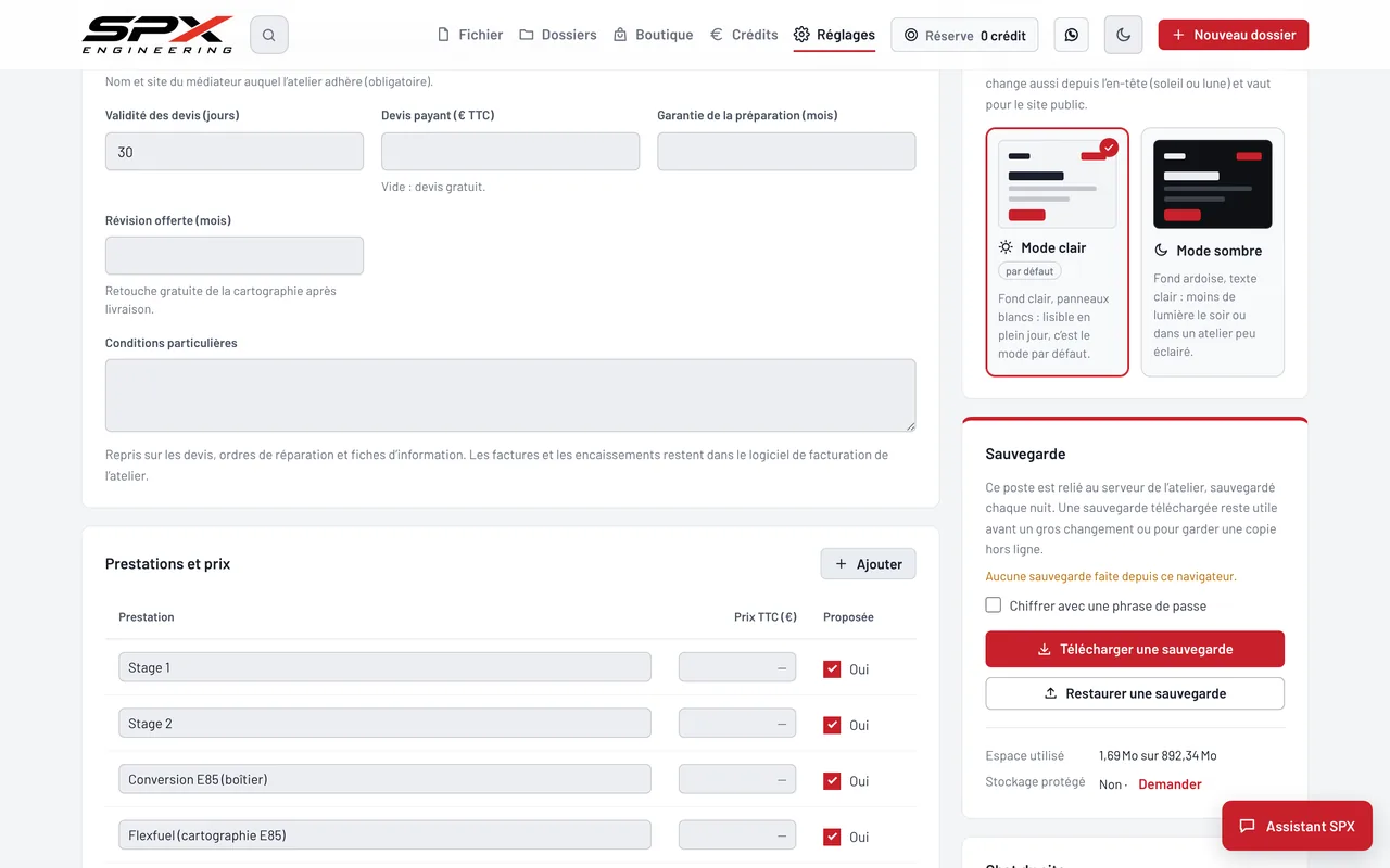 Écran « Apparence, dans les Réglages » du logiciel SPX Engineering, sur ordinateur.