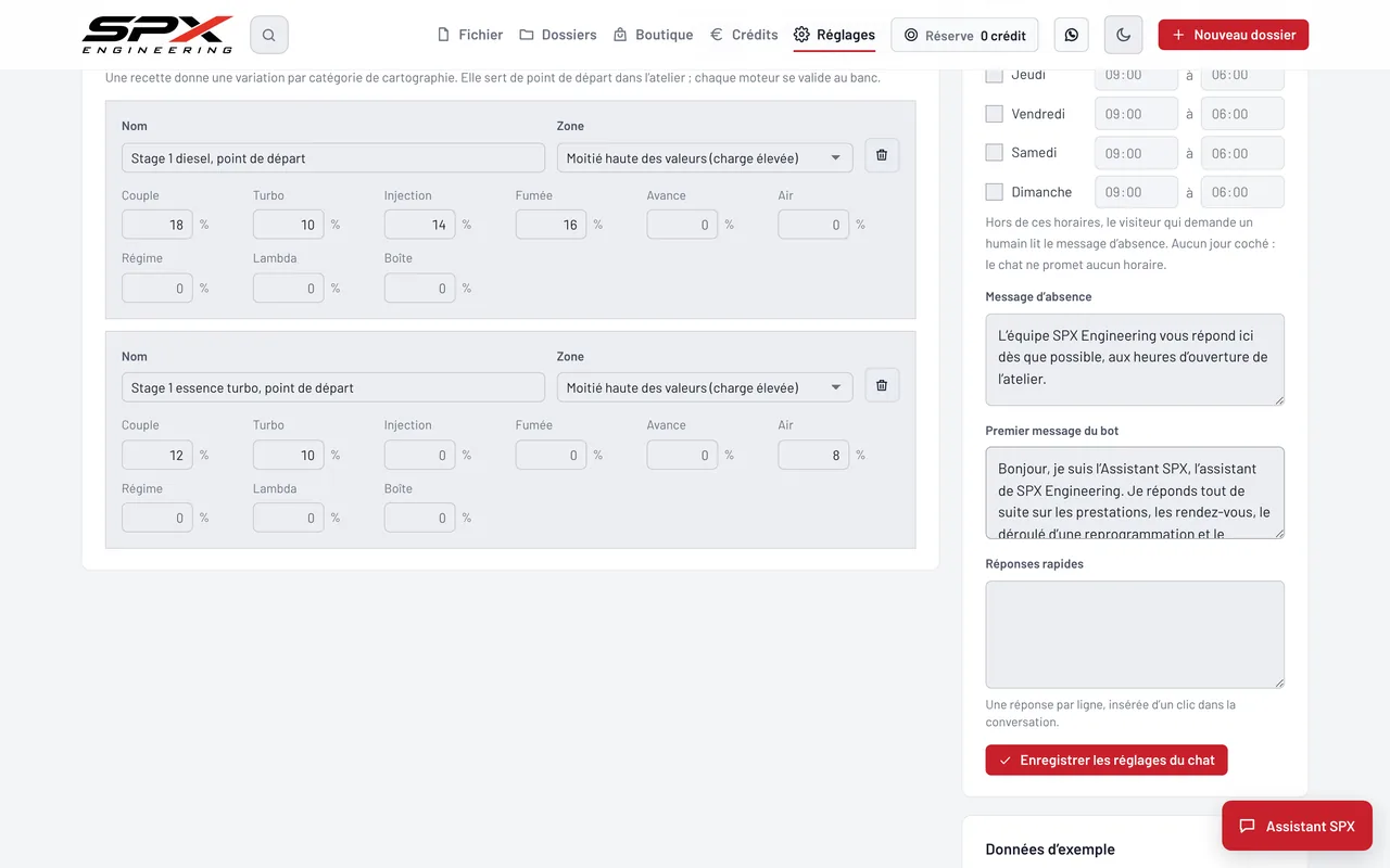 Écran « Les recettes Stage » du logiciel SPX Engineering, sur ordinateur.