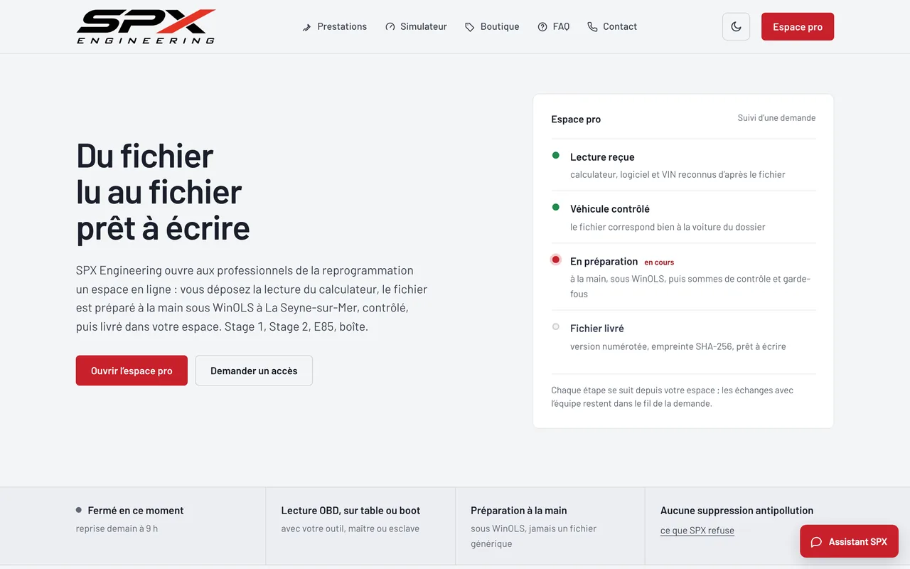Écran « L’accueil » du logiciel SPX Engineering, sur ordinateur.