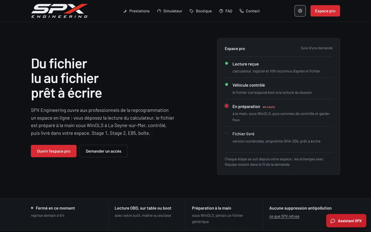 Écran « L’accueil, en mode sombre » du logiciel SPX Engineering, sur ordinateur.
