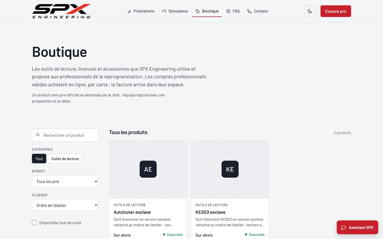 Écran « La boutique du site » du logiciel SPX Engineering, sur ordinateur.