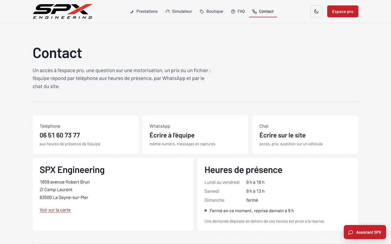 Écran « Contact » du logiciel SPX Engineering, sur ordinateur.