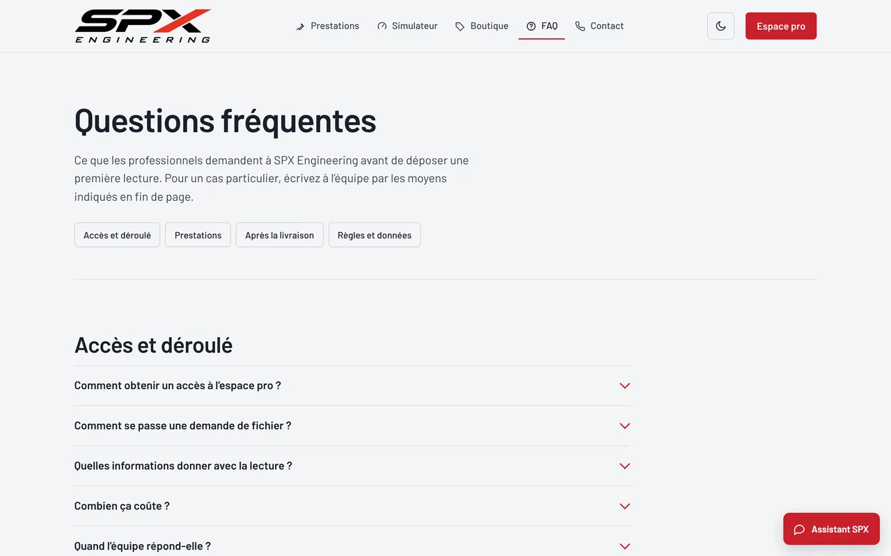 Écran « FAQ » du logiciel SPX Engineering, sur ordinateur.