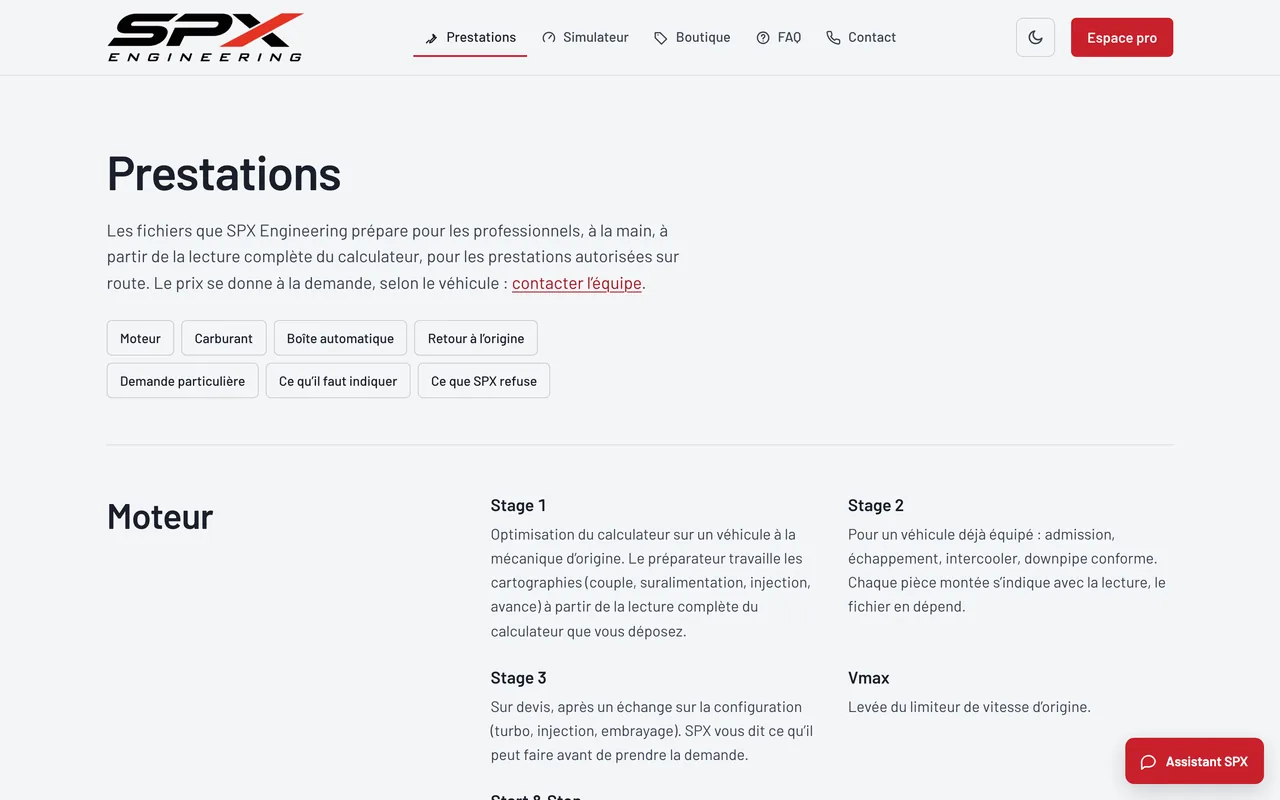 Écran « Prestations » du logiciel SPX Engineering, sur ordinateur.