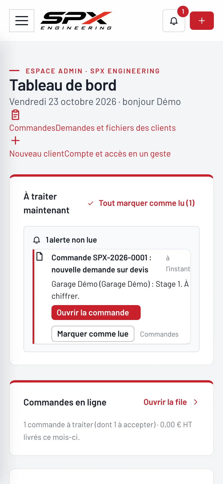 Écran « Le tableau de bord » du logiciel SPX Engineering, sur téléphone.