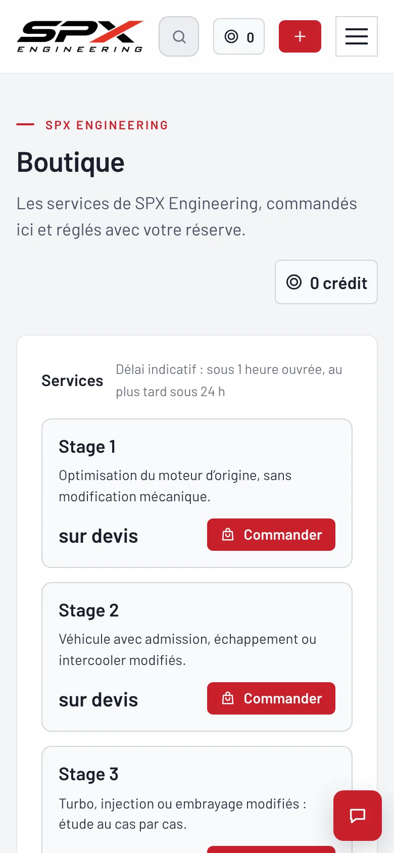 Écran « La Boutique » du logiciel SPX Engineering, sur téléphone.