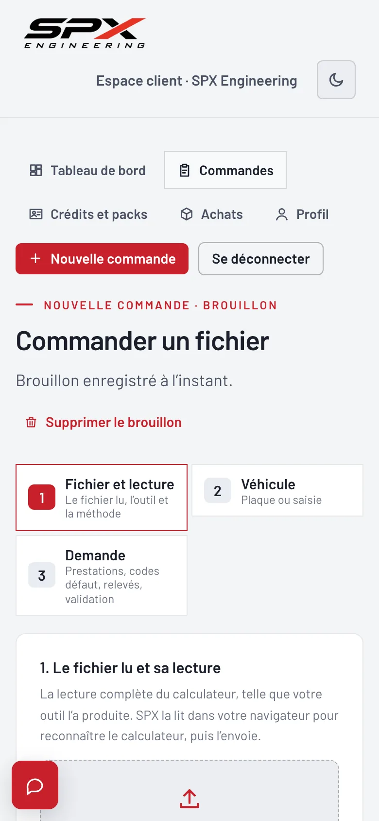 Écran « Commander un fichier » du logiciel SPX Engineering, sur téléphone.