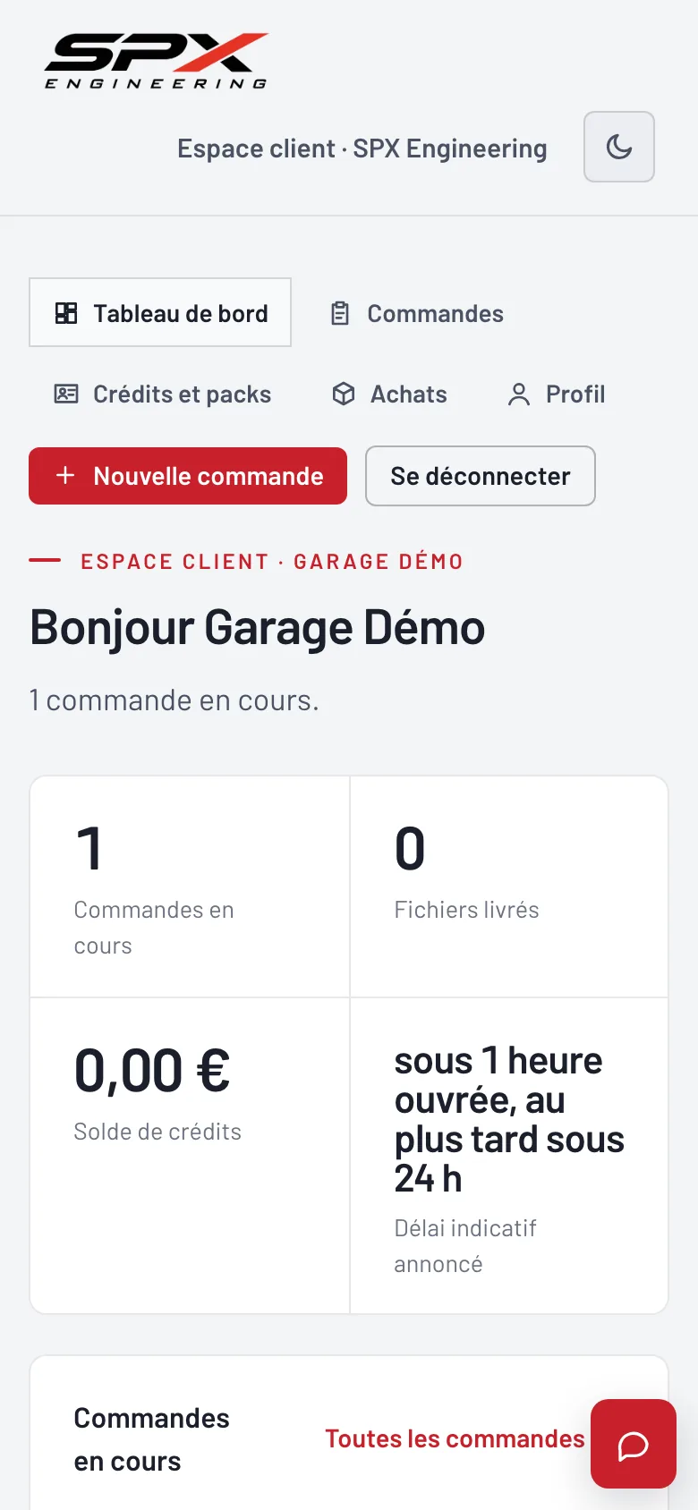 Écran « Le tableau de bord » du logiciel SPX Engineering, sur téléphone.