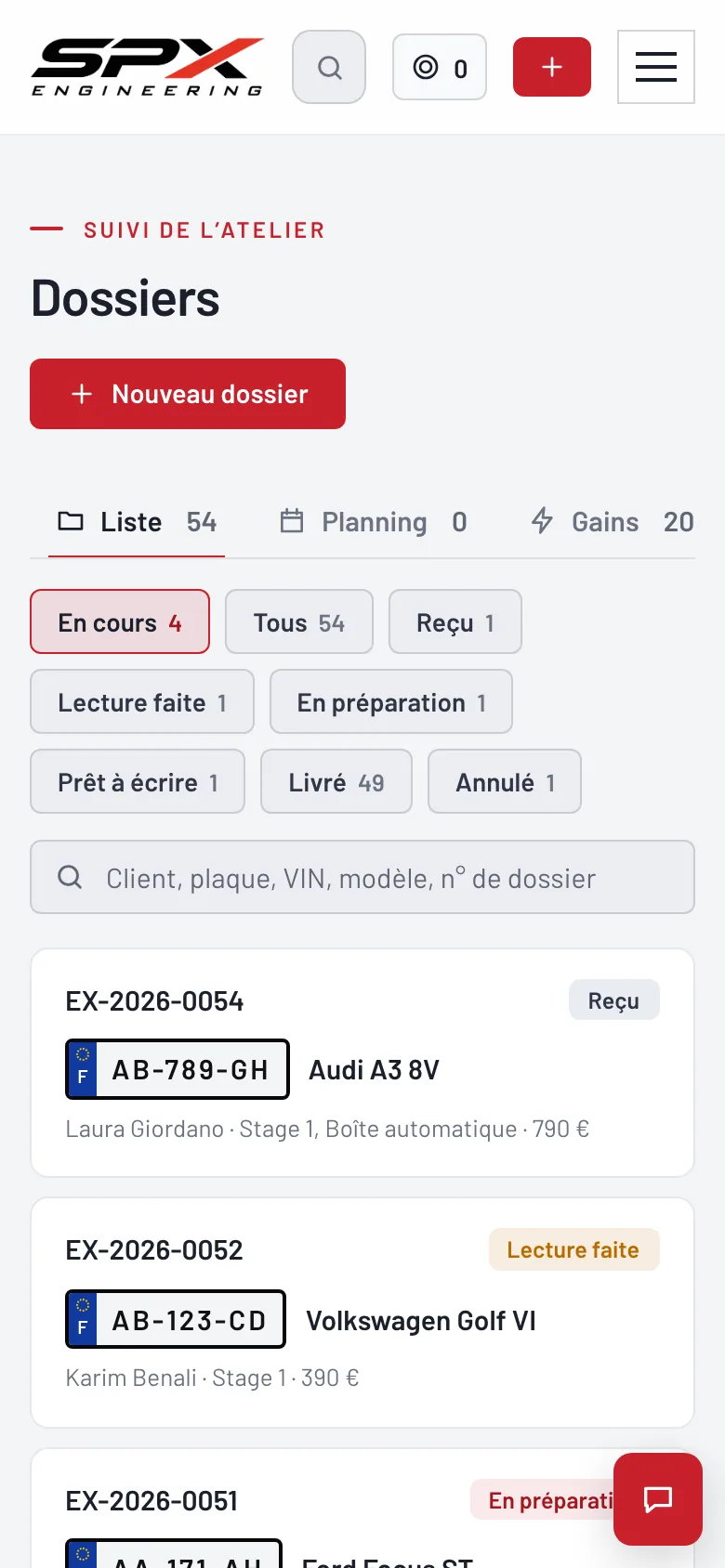 Écran « Un dossier » du logiciel SPX Engineering, sur téléphone.