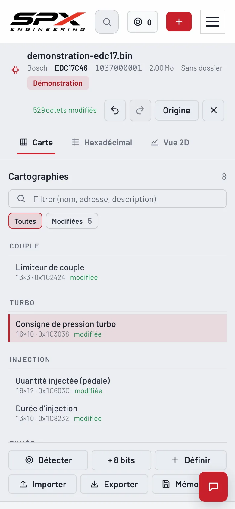 Écran « L’écran Fichier » du logiciel SPX Engineering, sur téléphone.