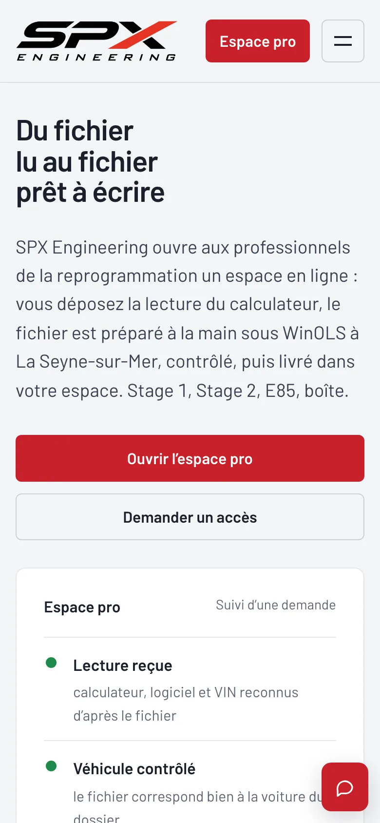 Écran « L’accueil » du logiciel SPX Engineering, sur téléphone.