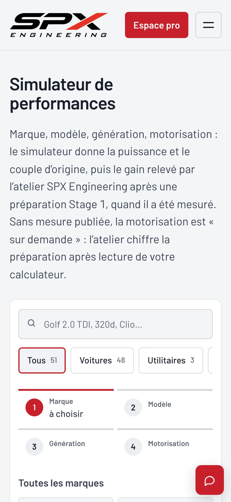 Écran « Le simulateur » du logiciel SPX Engineering, sur téléphone.
