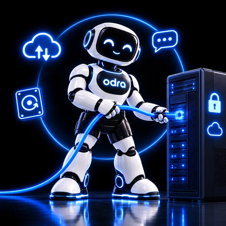 Version cloud : il branche un câble sur un serveur.