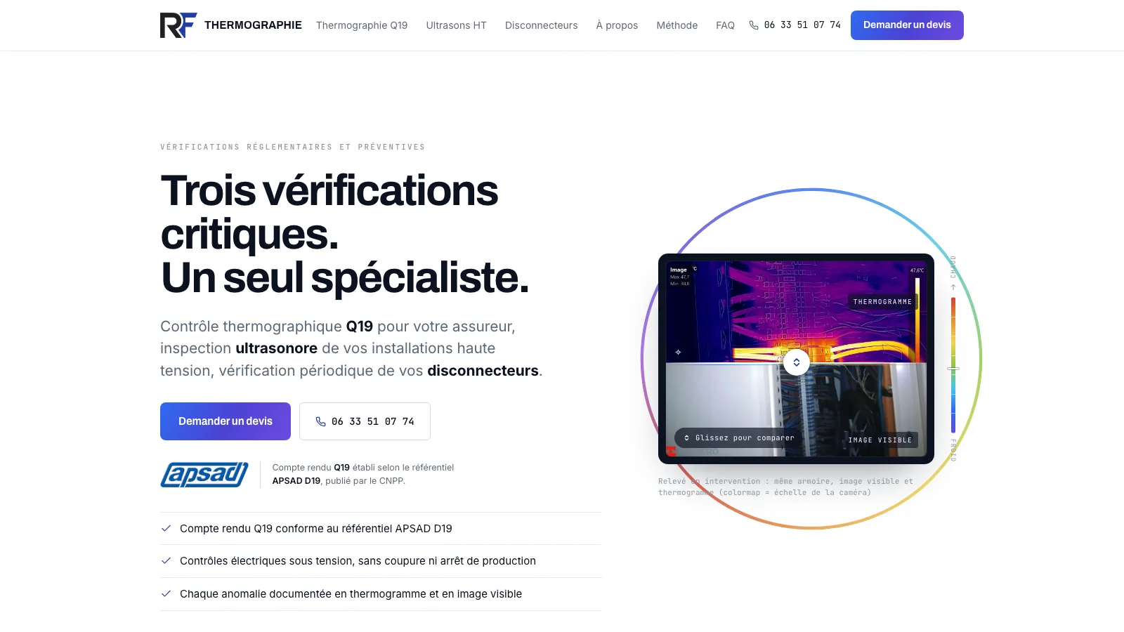 Page d’accueil du site de RF Thermographie : le titre Trois vérifications critiques, un seul spécialiste, et une armoire électrique comparée en image visible et en thermogramme.
